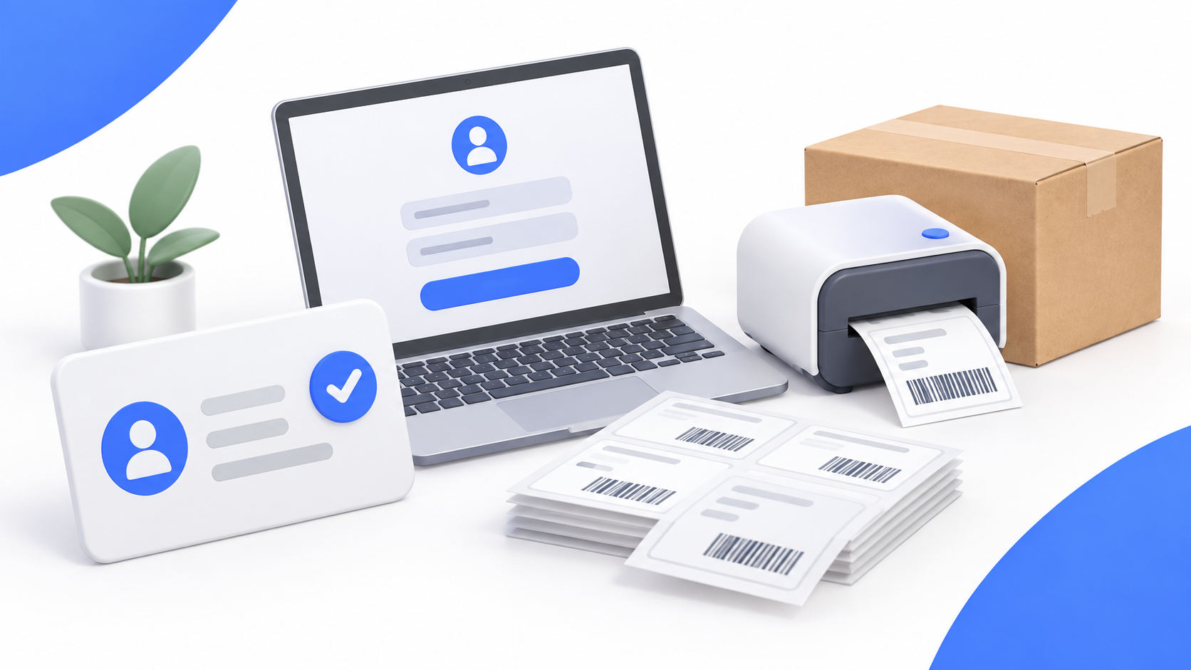 会員登録、送り状用紙とプリンタ、発送する荷物の準備を表すイメージイラスト