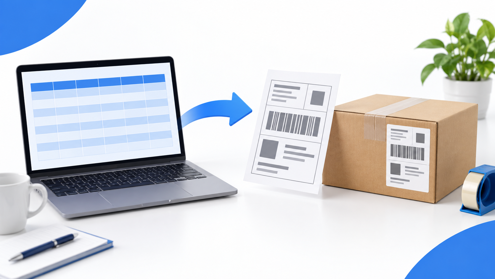 注文の表からA4の送り状と荷物へ情報を渡すイメージイラスト