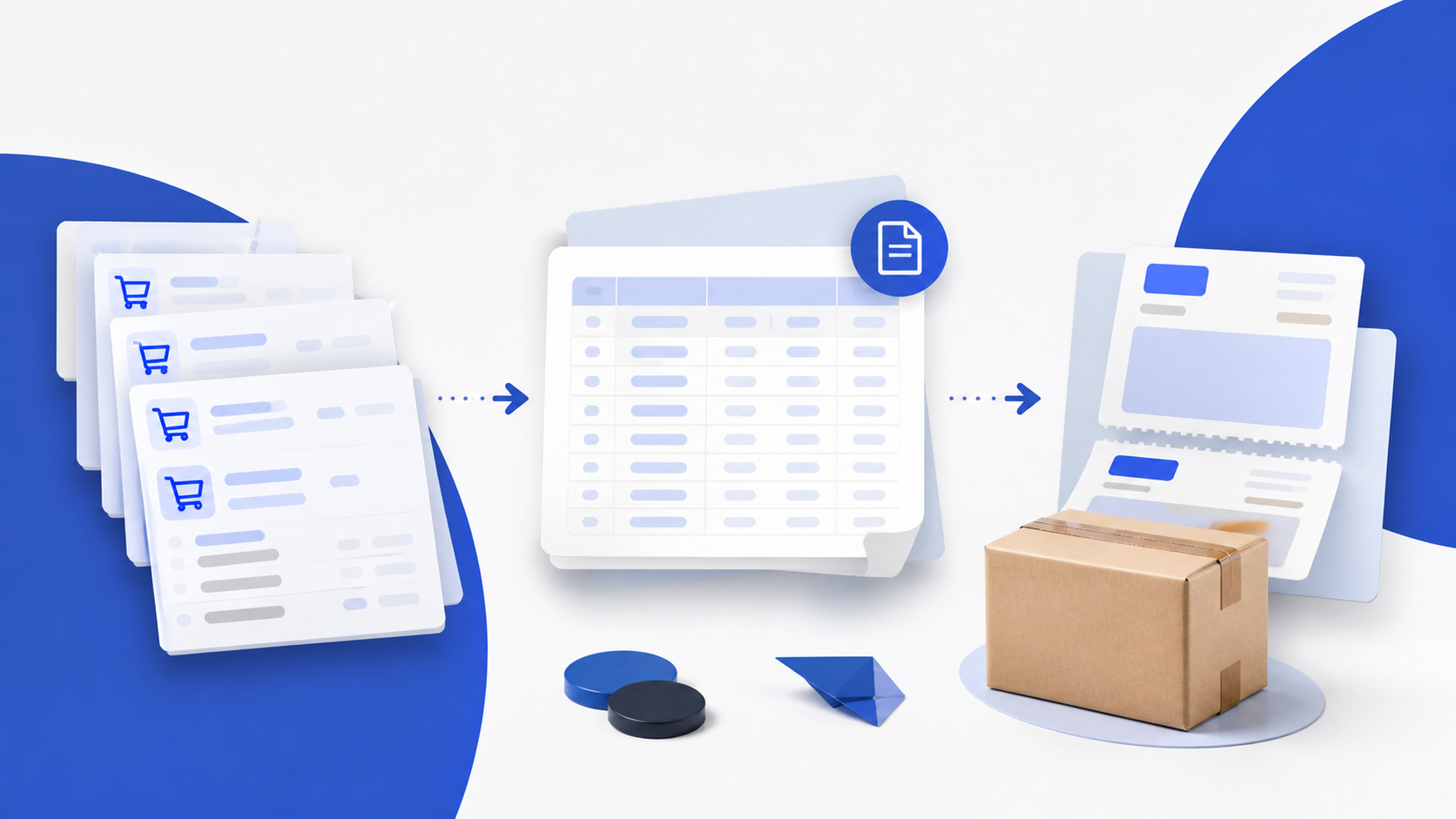 配送CSV、出荷予定日、送り状用の帳票と荷物を表したイメージ