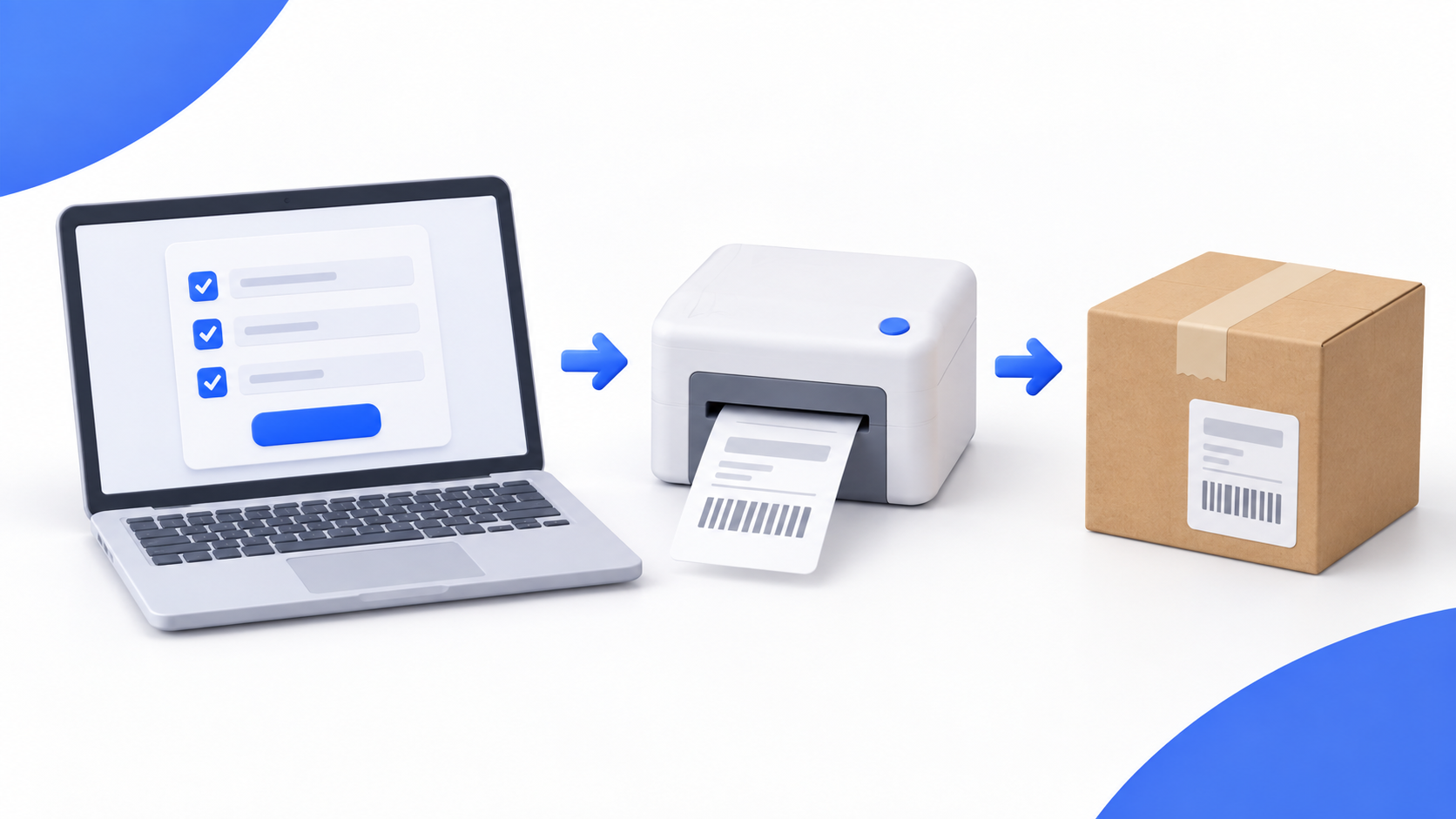 利用登録、プリンタでの送り状発行、梱包した荷物を表すイメージイラスト