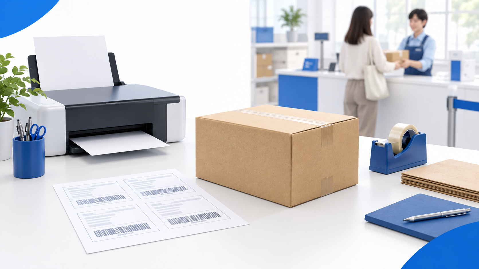 荷物、A4の送り状用紙、プリンタと郵便局窓口を表すイメージイラスト